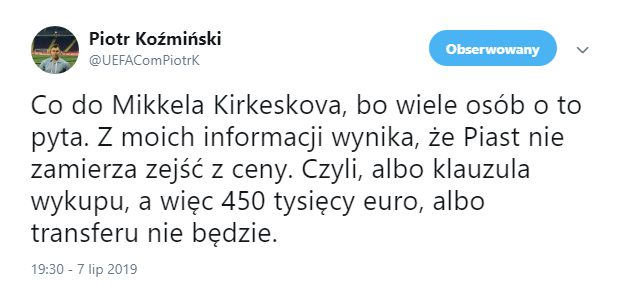 Za tyle Piast chce SPRZEDAĆ Mikkela Kirkeskova do Legii Warszawa